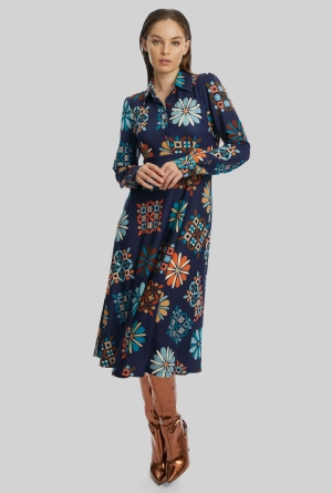 Jewelled Button Print Midi Dress Navy