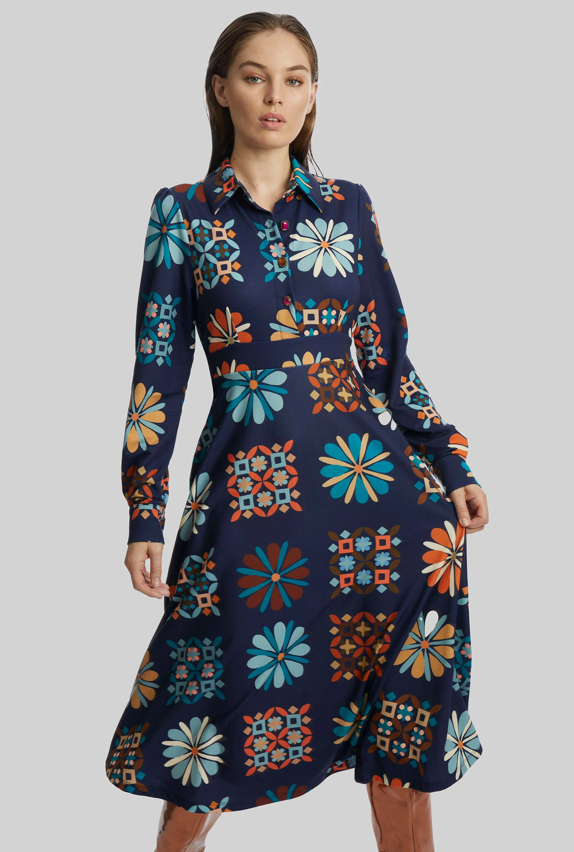 Jewelled Button Print Midi Dress Navy