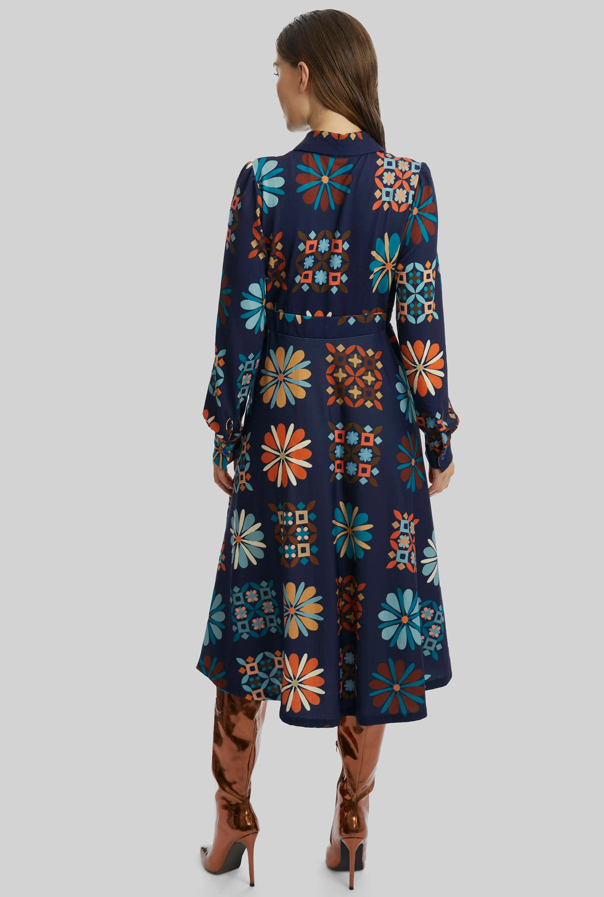 Jewelled Button Print Midi Dress Navy