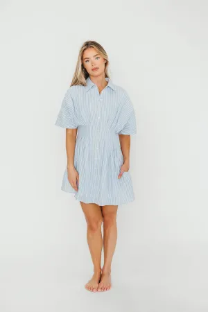 Jojo 100% Cotton Pleated Mini Shirt Dress in Blue