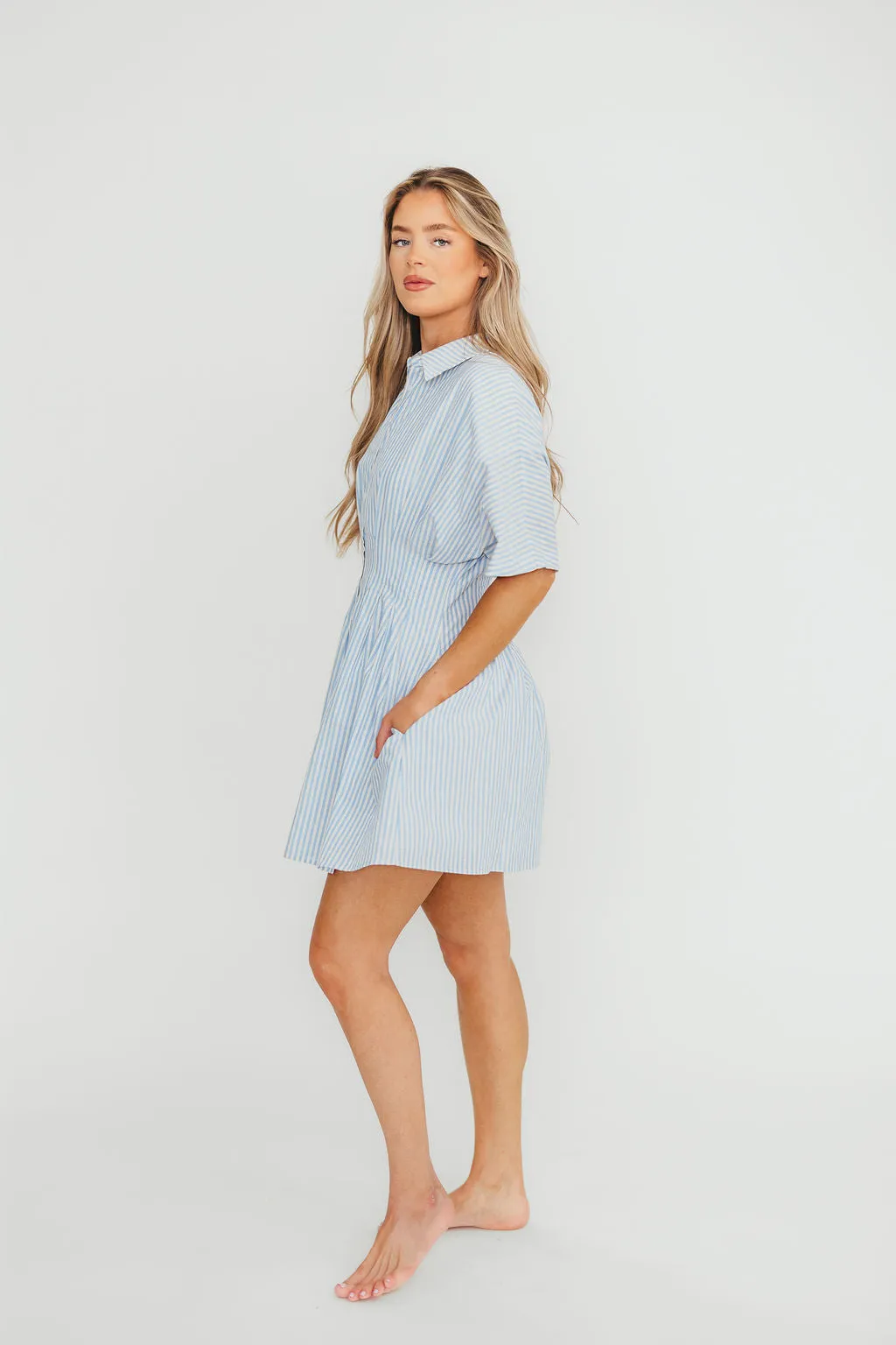 Jojo 100% Cotton Pleated Mini Shirt Dress in Blue