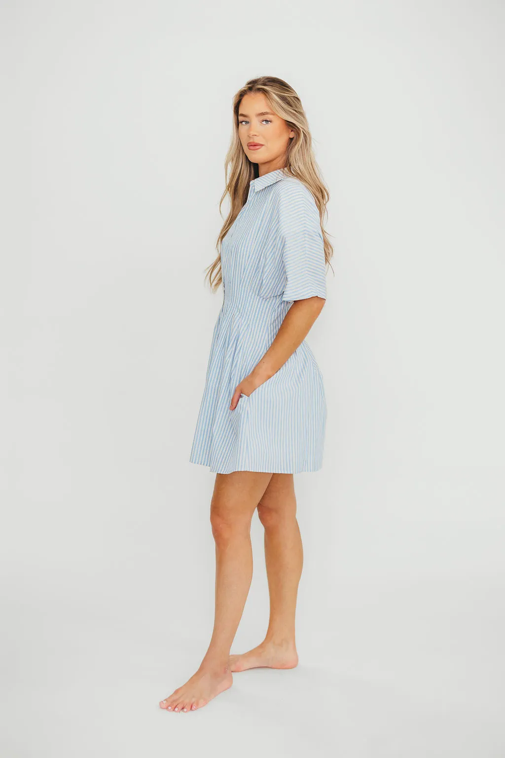 Jojo 100% Cotton Pleated Mini Shirt Dress in Blue
