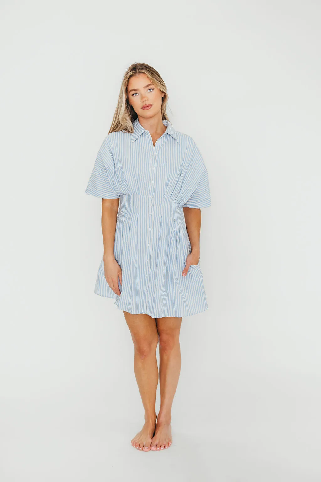 Jojo 100% Cotton Pleated Mini Shirt Dress in Blue