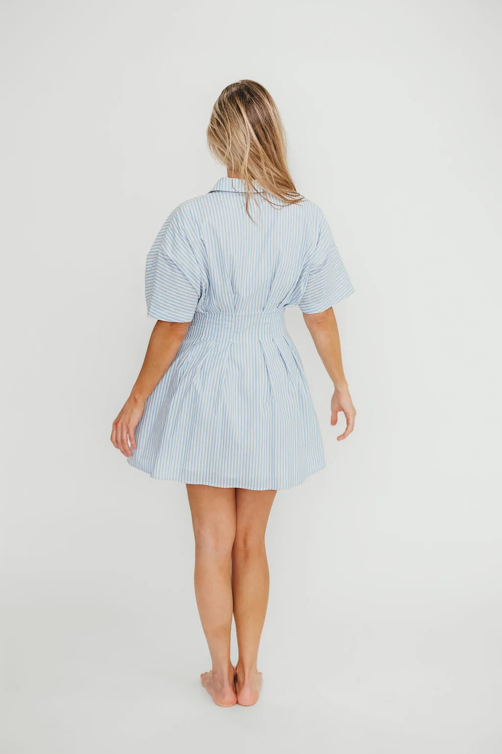 Jojo 100% Cotton Pleated Mini Shirt Dress in Blue
