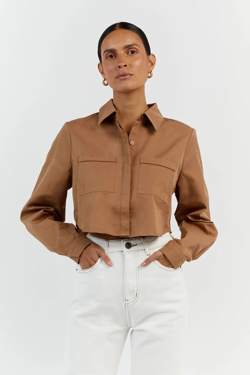 JORDY TAN COTTON CROPPED SHIRT