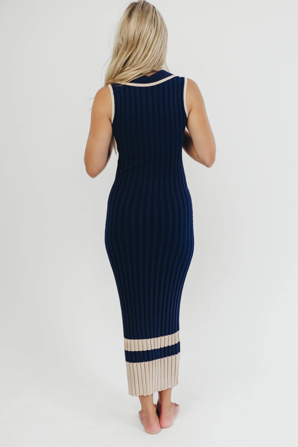 Jovie Sleeveless Ribbed Maxi Dress with Buttons in Navy