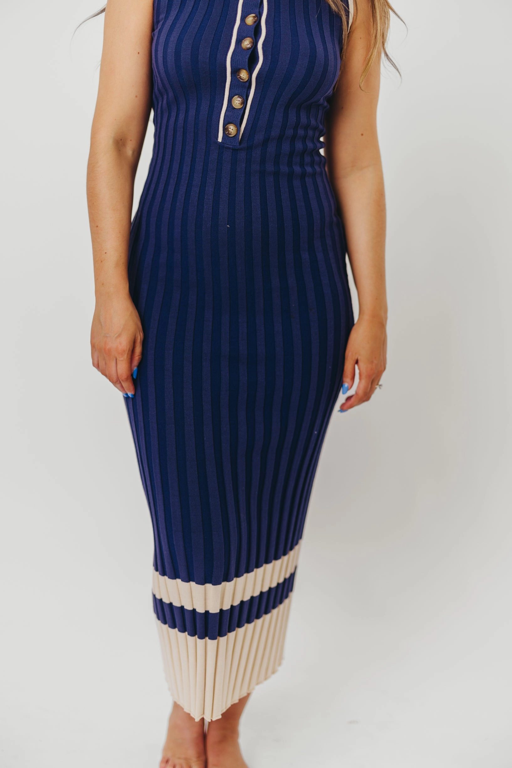 Jovie Sleeveless Ribbed Maxi Dress with Buttons in Navy