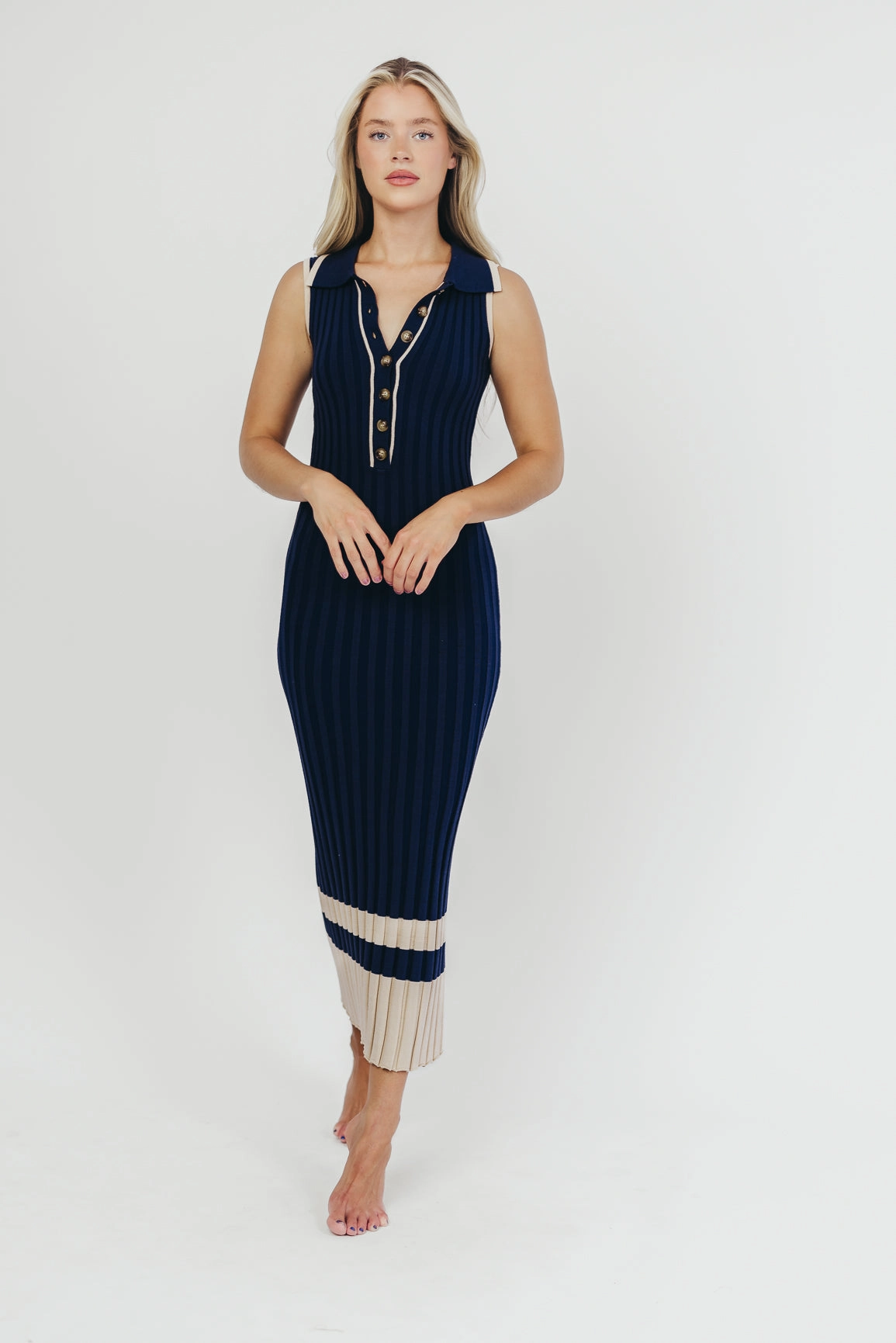 Jovie Sleeveless Ribbed Maxi Dress with Buttons in Navy