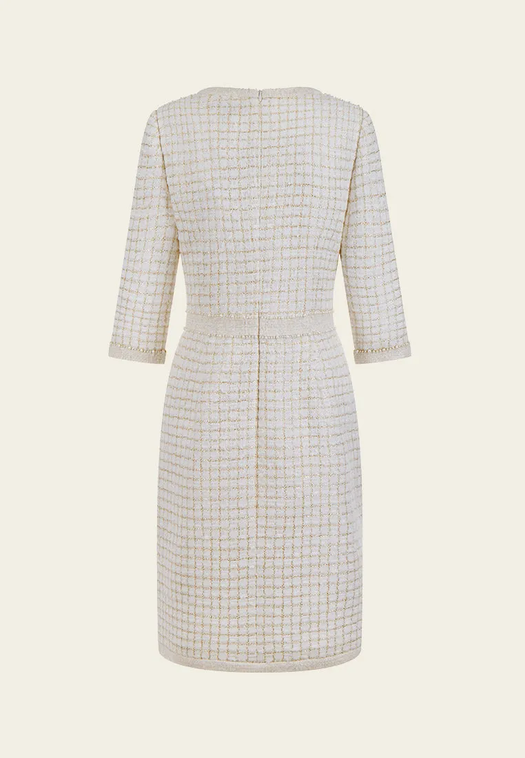 Lurex-checked Pearl-trim V-neck Dress