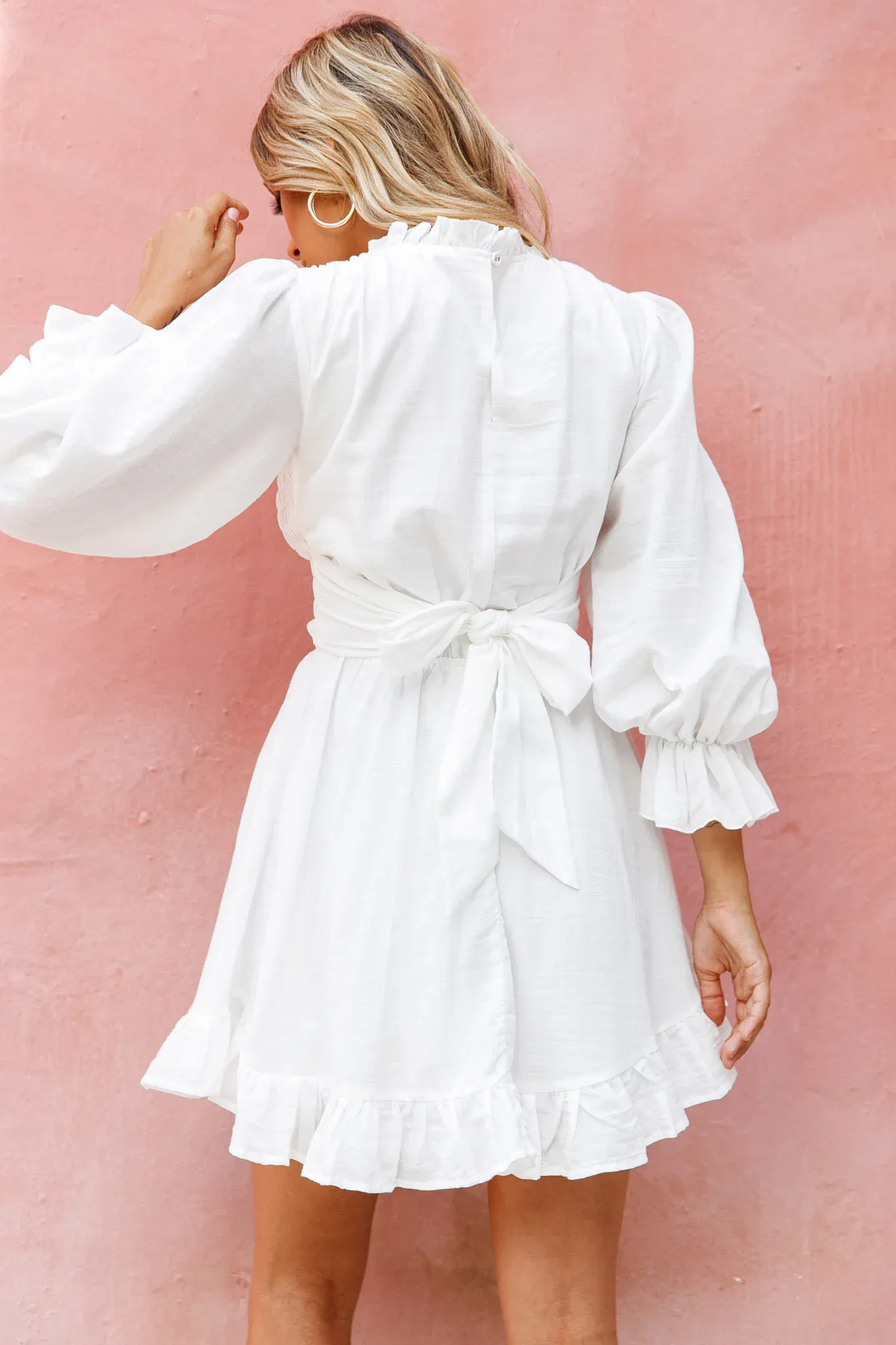 Marianna Long Sleeve Shirred Bust Dress White