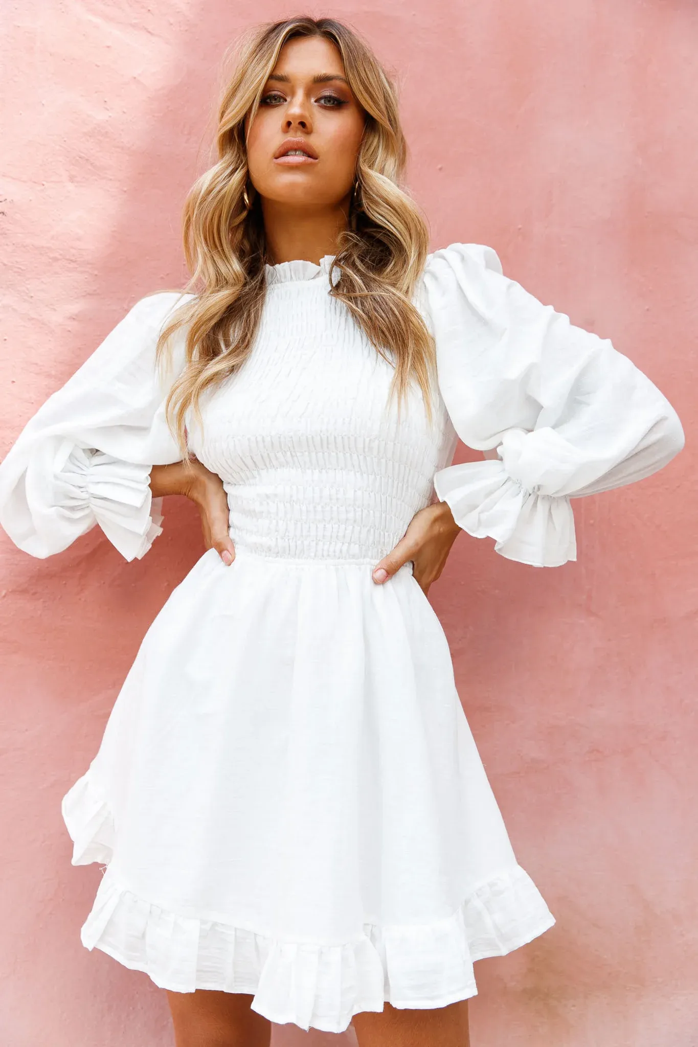 Marianna Long Sleeve Shirred Bust Dress White