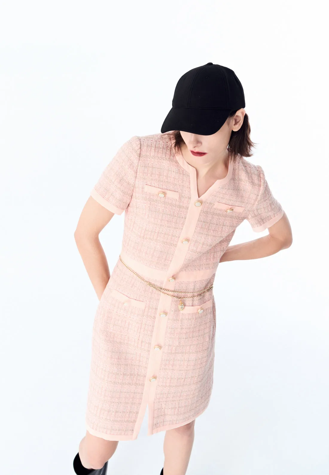 Pink Signature Short-sleeved Tweed Dress