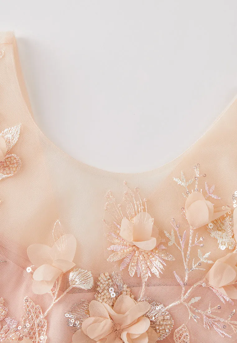 Pop-up Flowers Bead and Sequin Detail Embroidered Mesh Dress