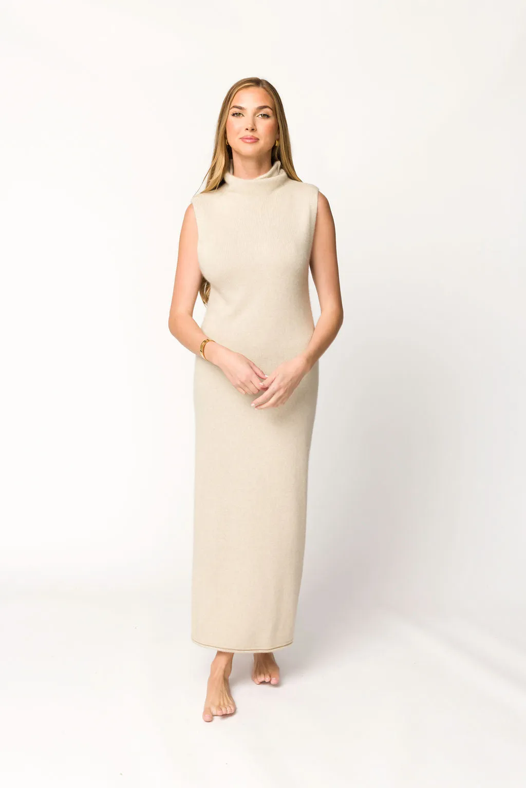 Quinn Turtleneck Maxi Dress in Beige