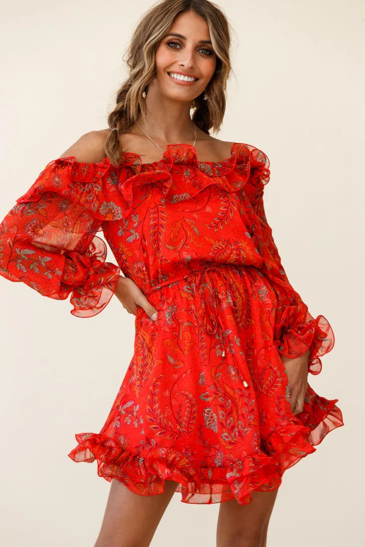 Rhiannon Off-Shoulder Lettuce Frill Dress Floral Print Red
