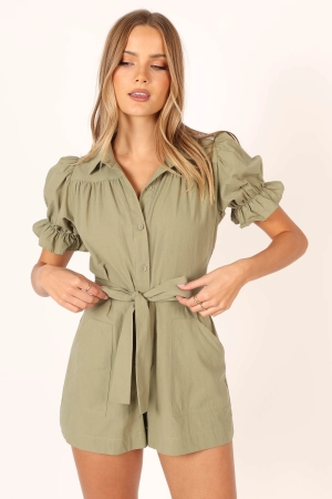 Riley Waist Tie Playsuit - Olive