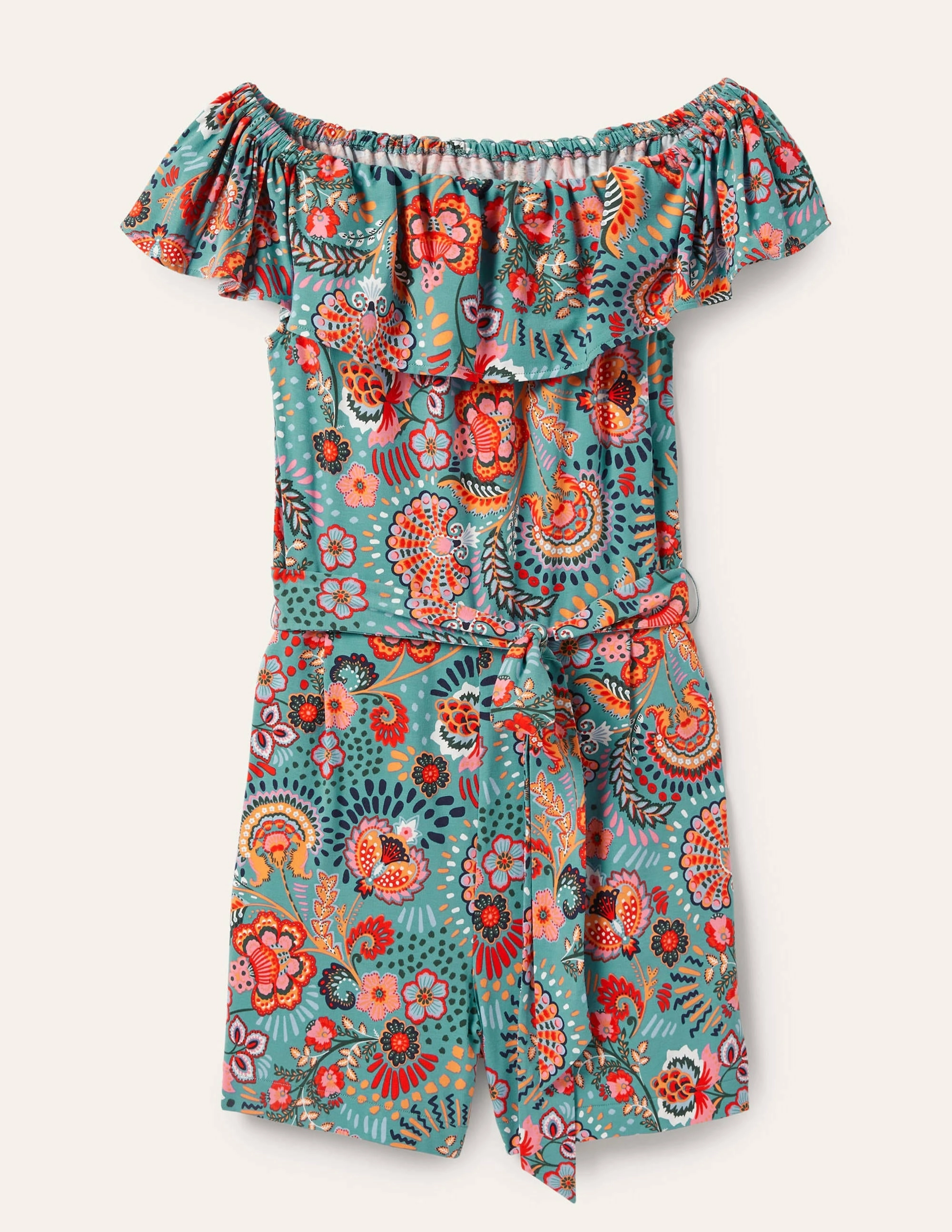Ruffle Neck Jersey Playsuit-Larkspur. Decorative Meadow