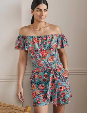 Ruffle Neck Jersey Playsuit-Larkspur. Decorative Meadow