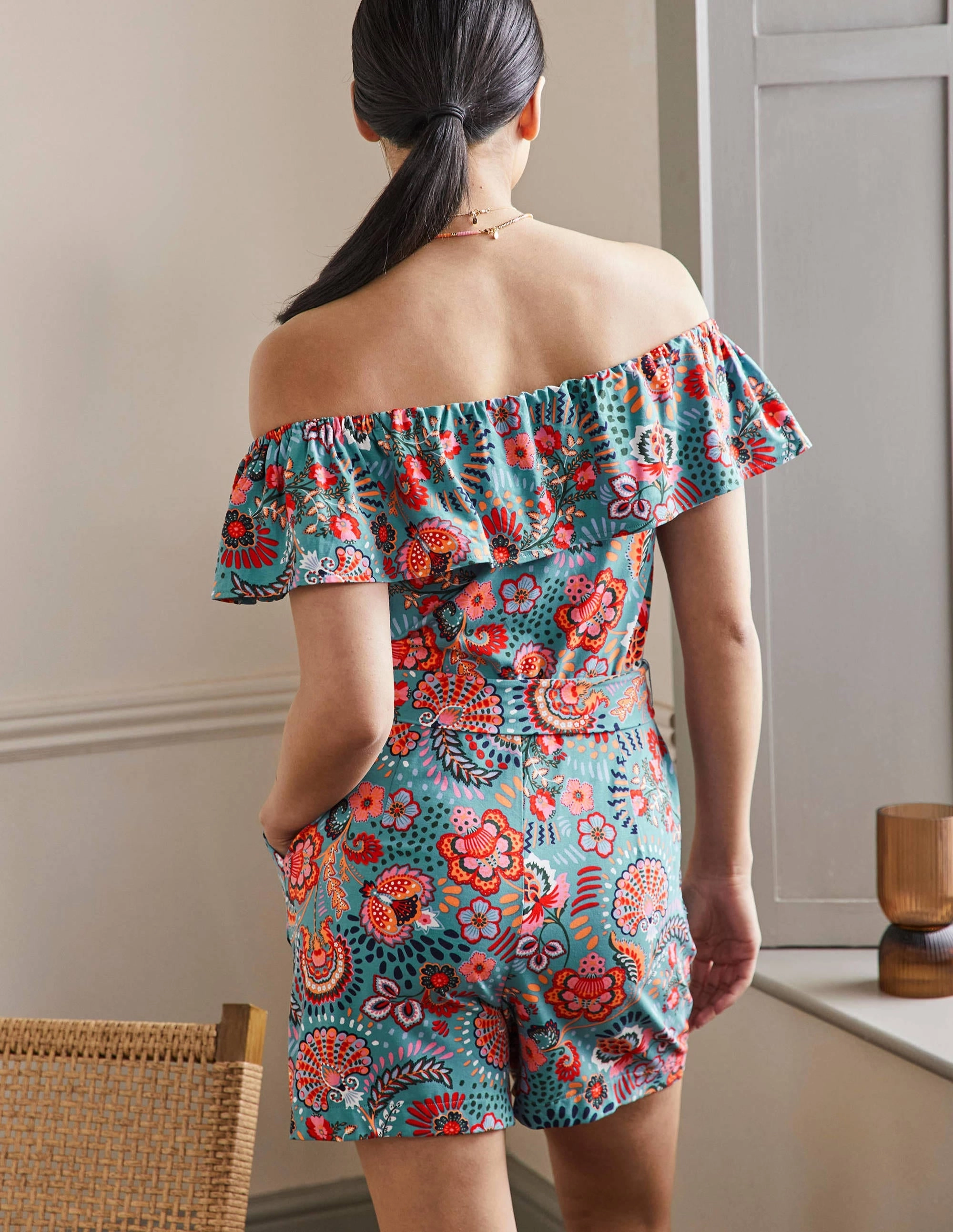 Ruffle Neck Jersey Playsuit-Larkspur. Decorative Meadow