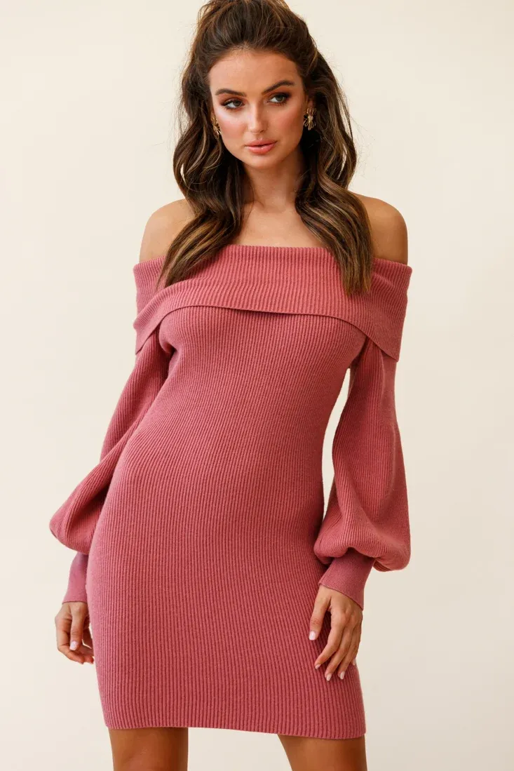 Runaway Off Shoulder Balloon Sleeve Knit Dress Rose
