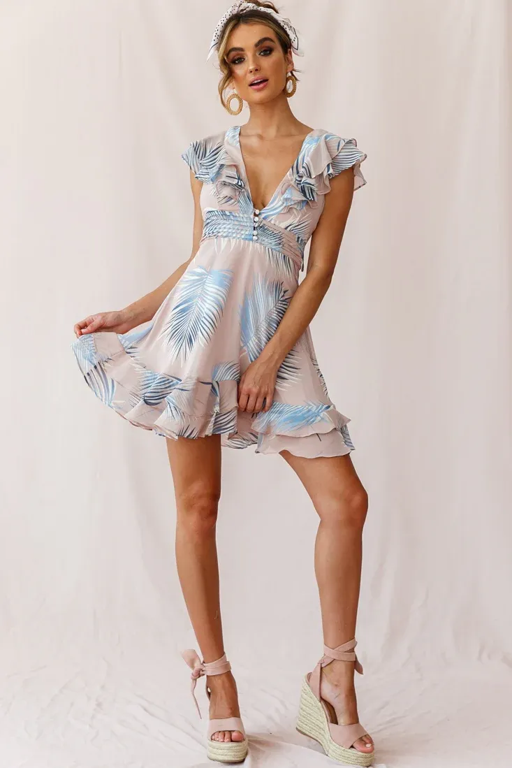 Shaina Pintuck Placket Empire Cut Dress Palm Print Pink