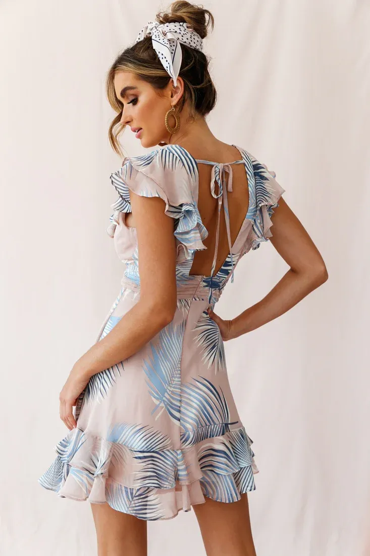 Shaina Pintuck Placket Empire Cut Dress Palm Print Pink
