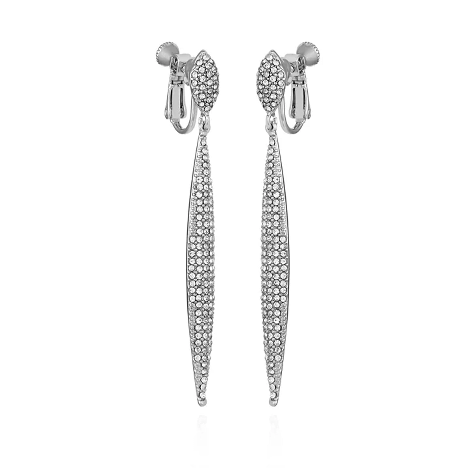 Silvertone Glass Stone Pave Drop Clip On Earrings