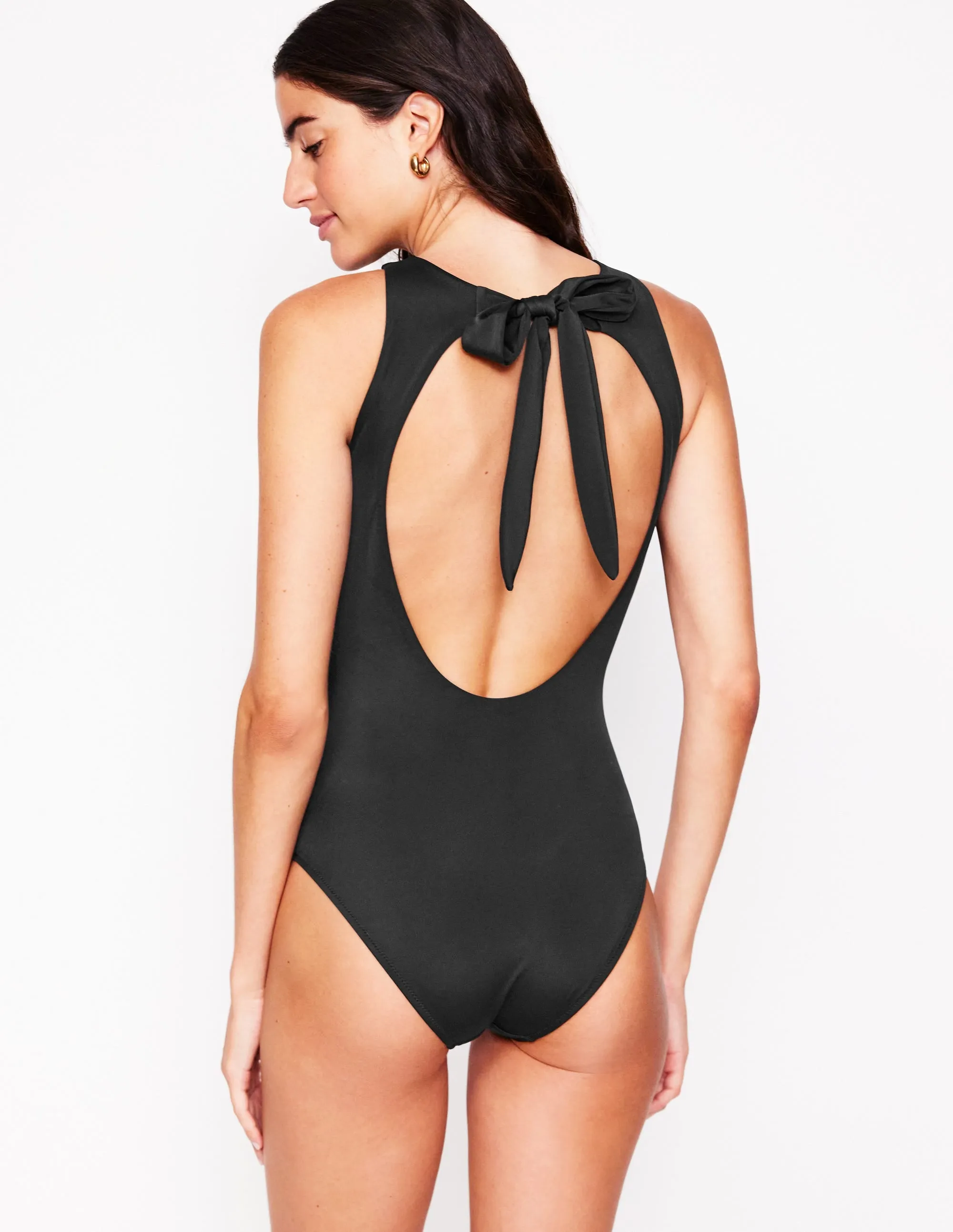 Slash Neck Tie Swimsuit-Black
