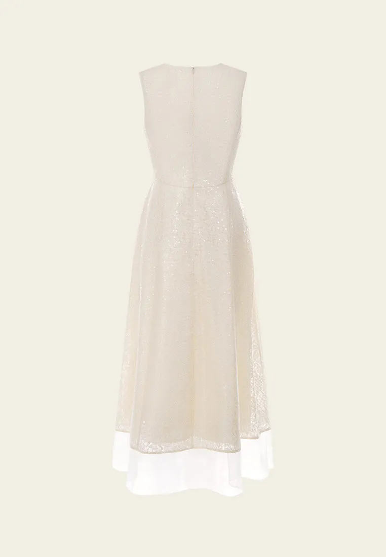 Sleeveless Layered Embellished Hollow-Carved Checked Lace Dress