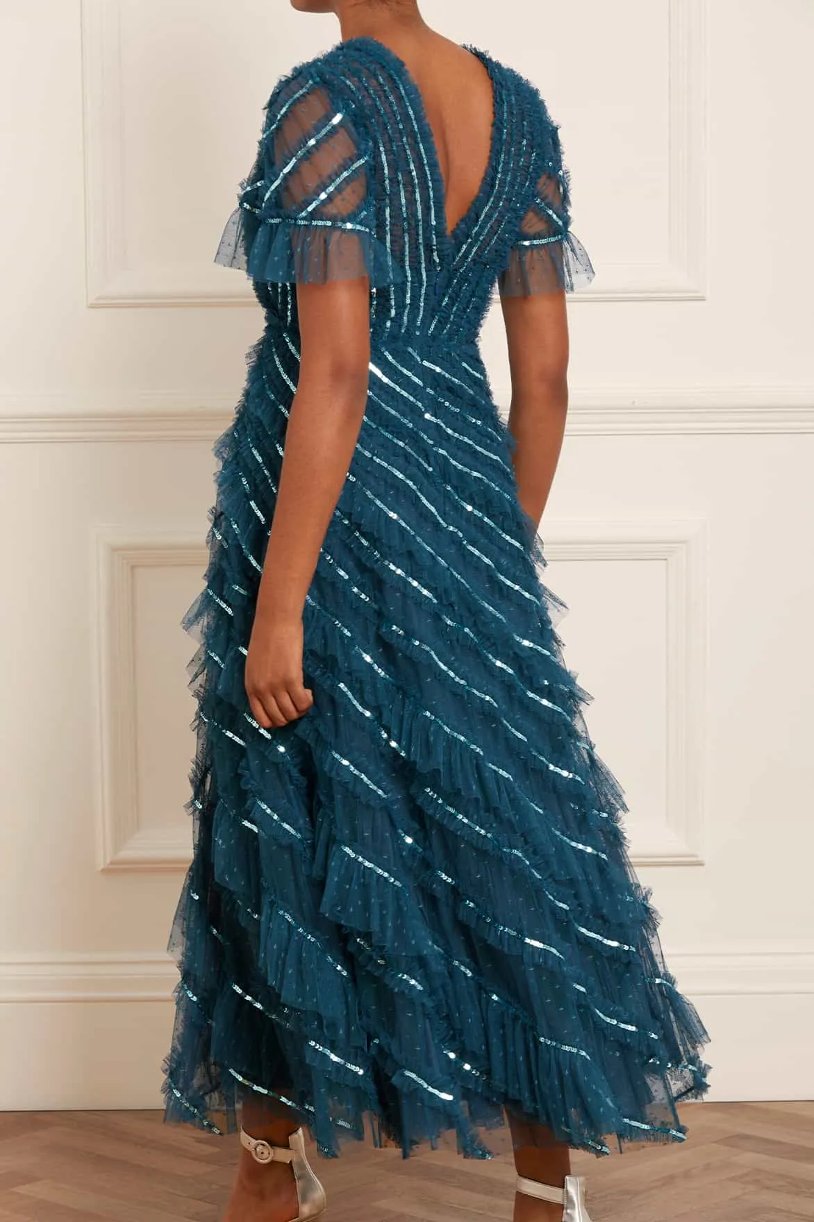 Spiral Sequin V-Neck Ankle Gown