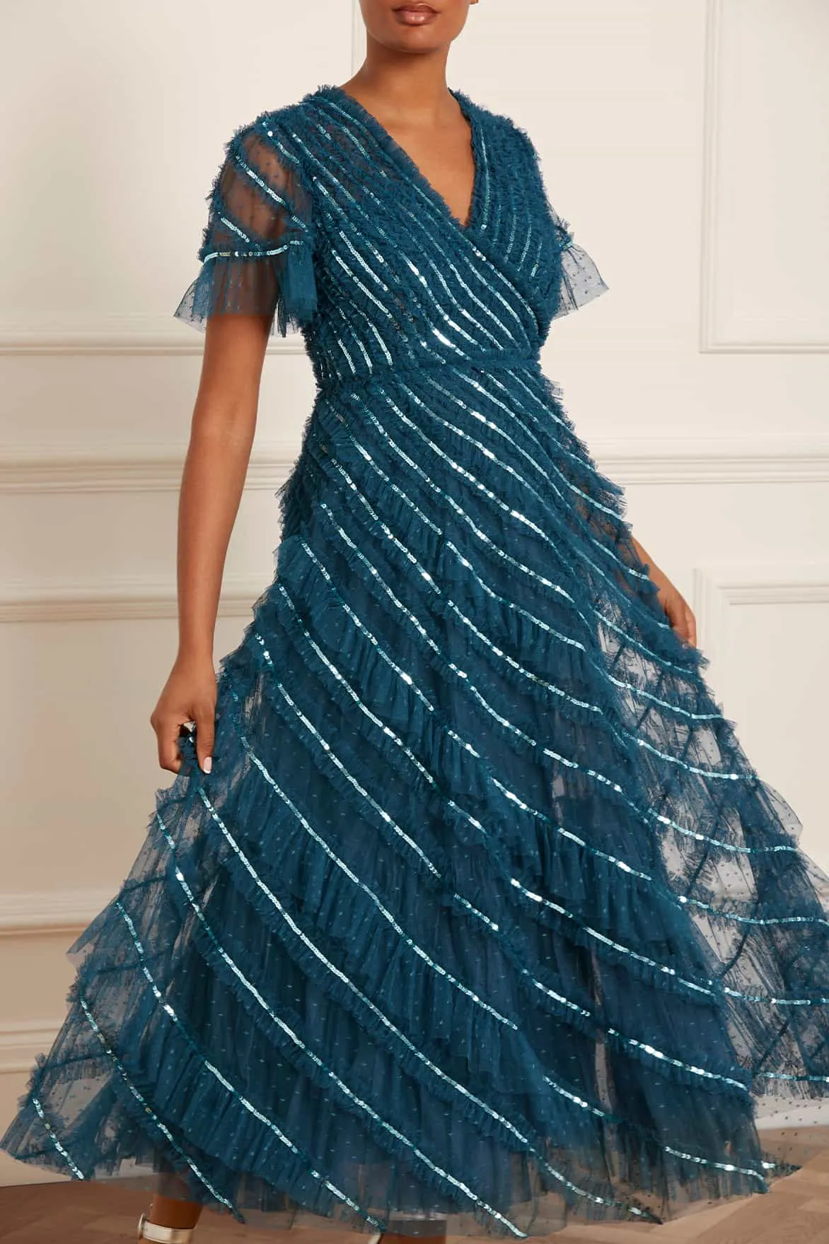 Spiral Sequin V-Neck Ankle Gown