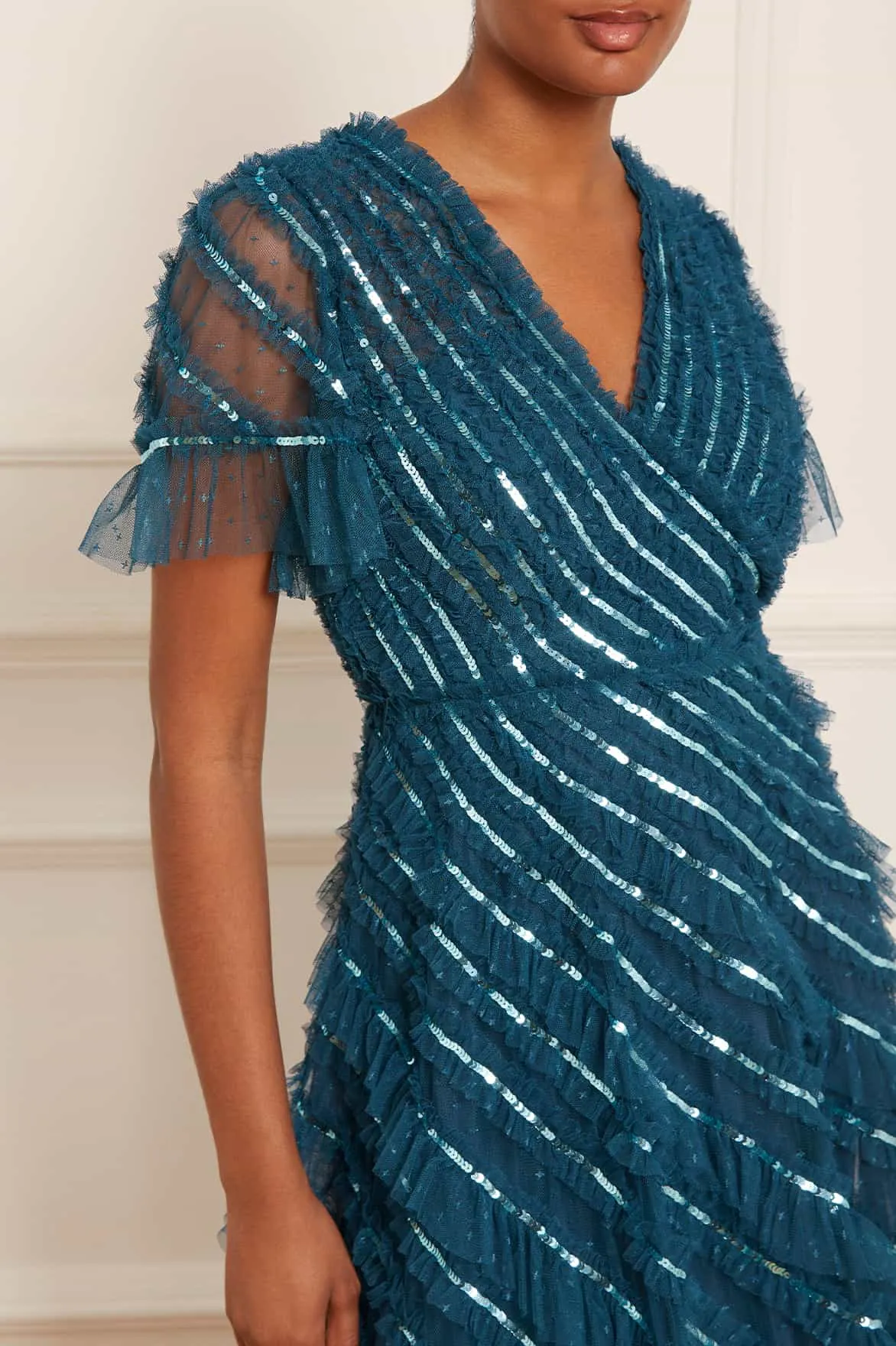 Spiral Sequin V-Neck Ankle Gown