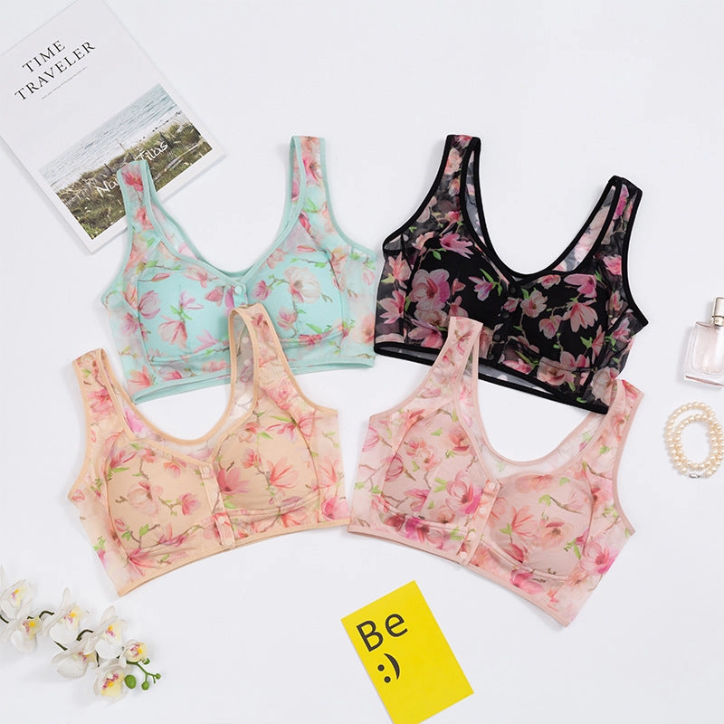 Spring Flower Print Front Closure Mesh Wireless Bra