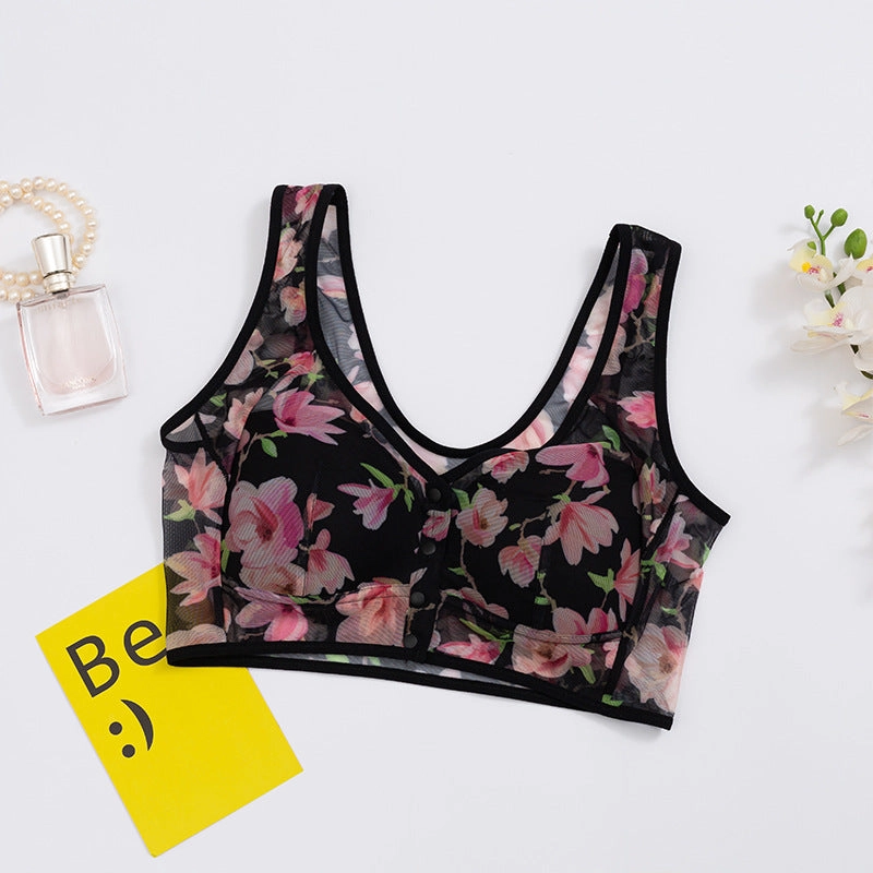 Spring Flower Print Front Closure Mesh Wireless Bra