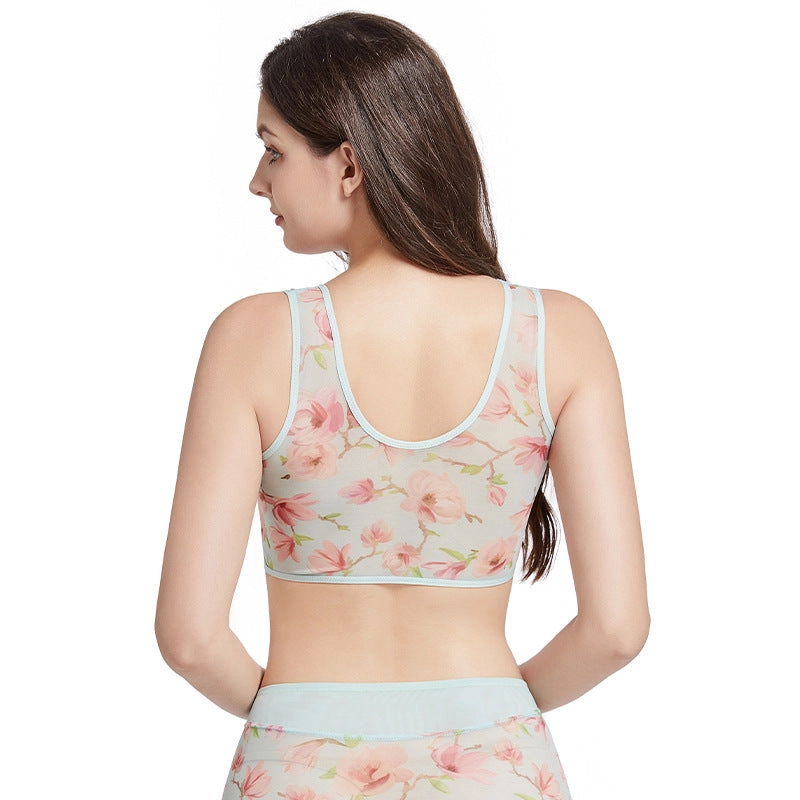 Spring Flower Print Front Closure Mesh Wireless Bra
