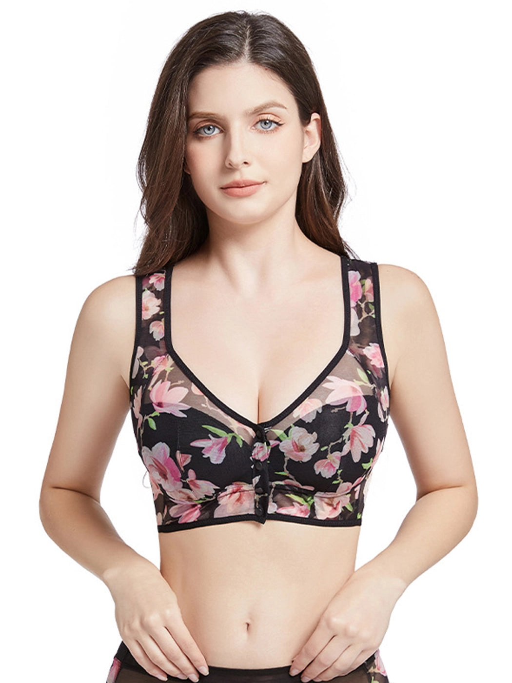 Spring Flower Print Front Closure Mesh Wireless Bra