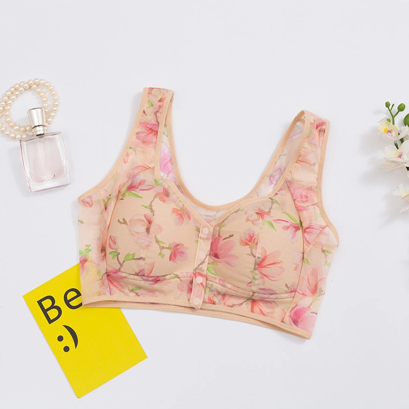 Spring Flower Print Front Closure Mesh Wireless Bra
