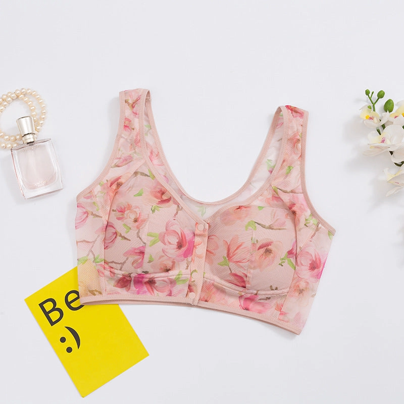 Spring Flower Print Front Closure Mesh Wireless Bra