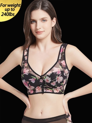 Spring Flower Print Front Closure Mesh Wireless Bra