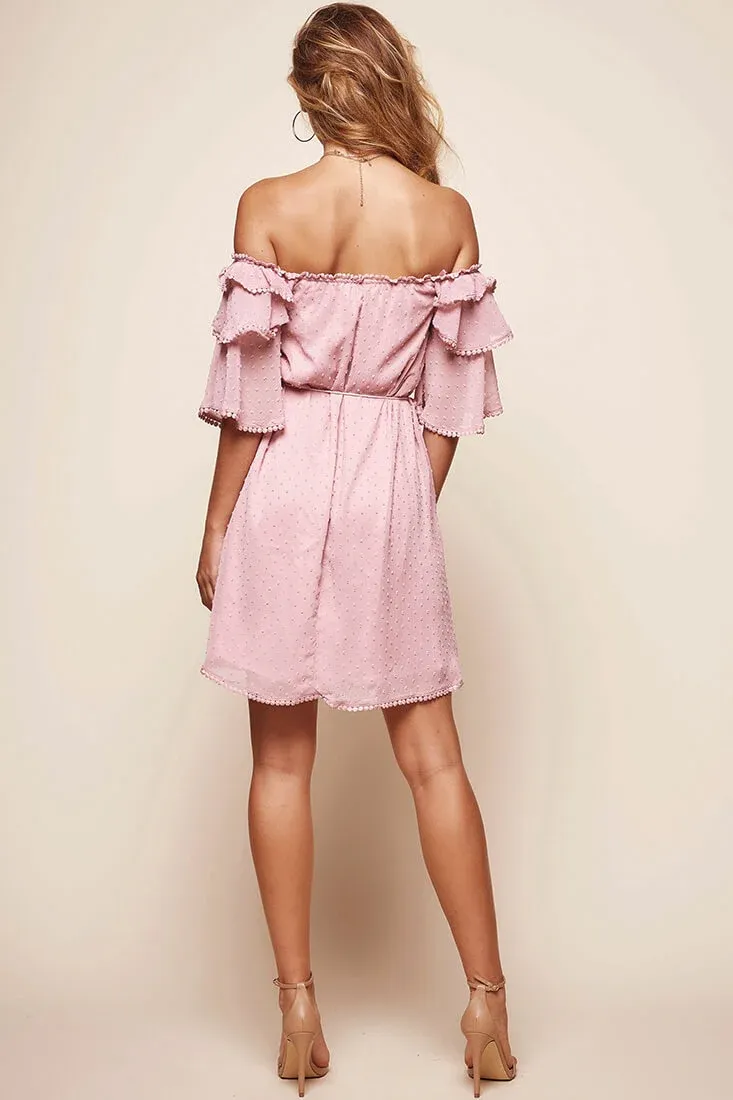 Springtime Hail Spot Chiffon Off Shoulder Dress Blush