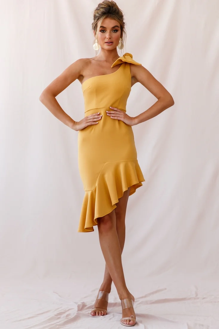 Tiffany One-Shoulder Bow Dress Mustard