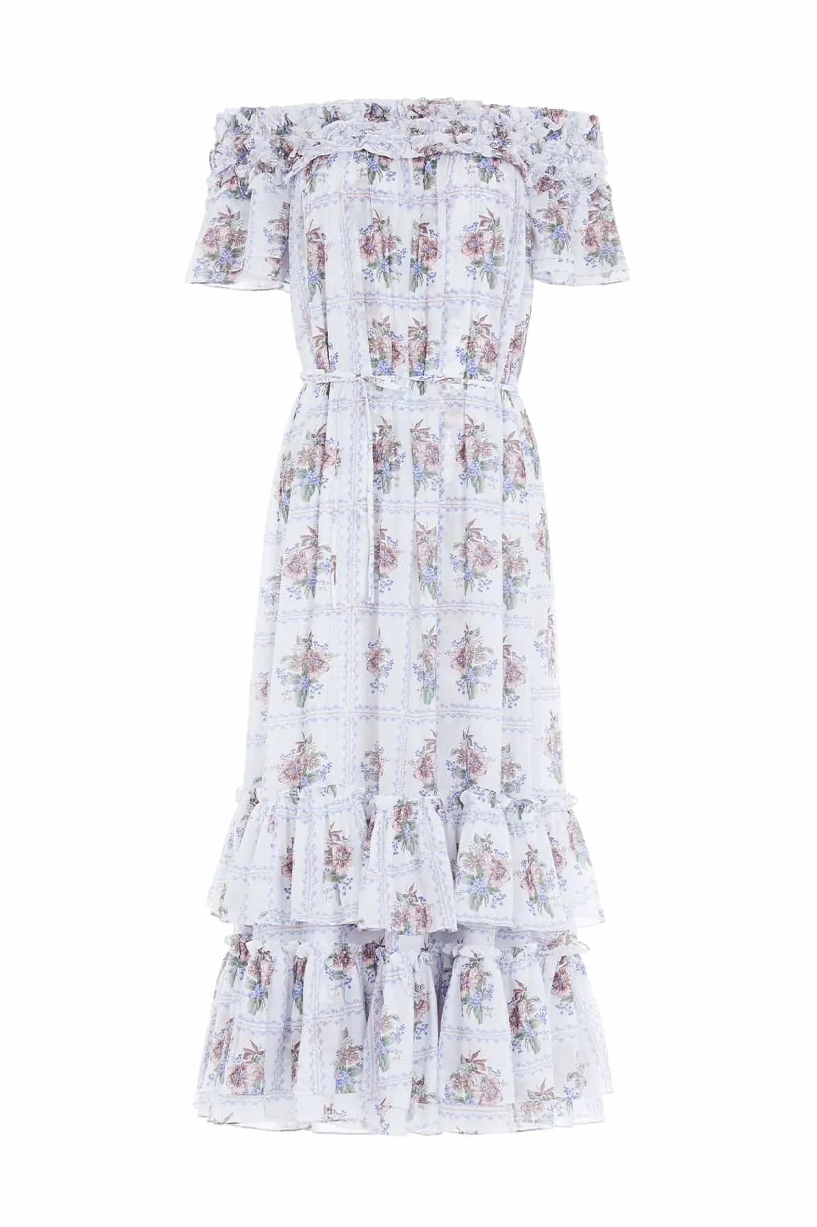 Tiled Blooms Chiffon Off-Shoulder Ankle Gown