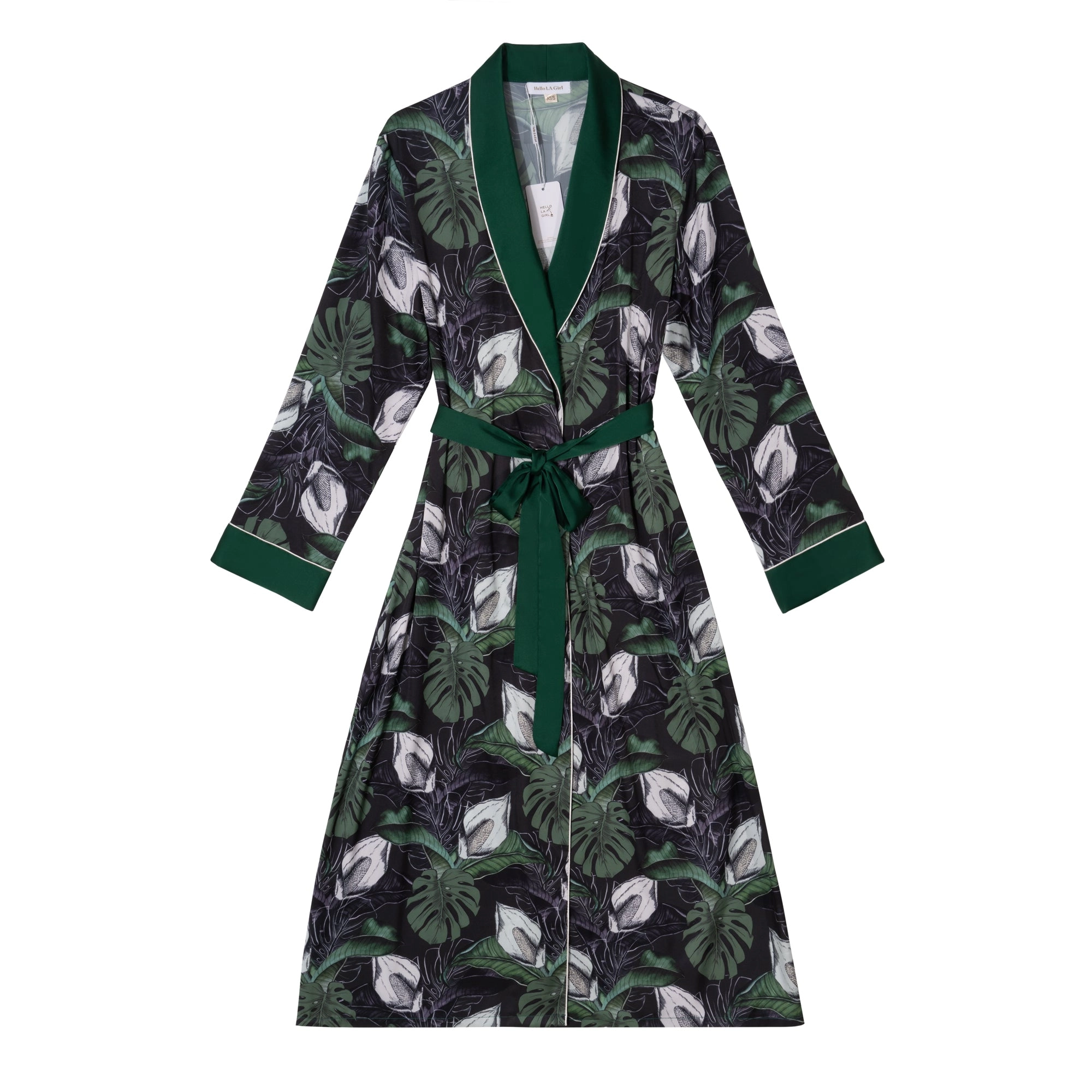 Tropical Print Green Silky Satin Robe With Belt