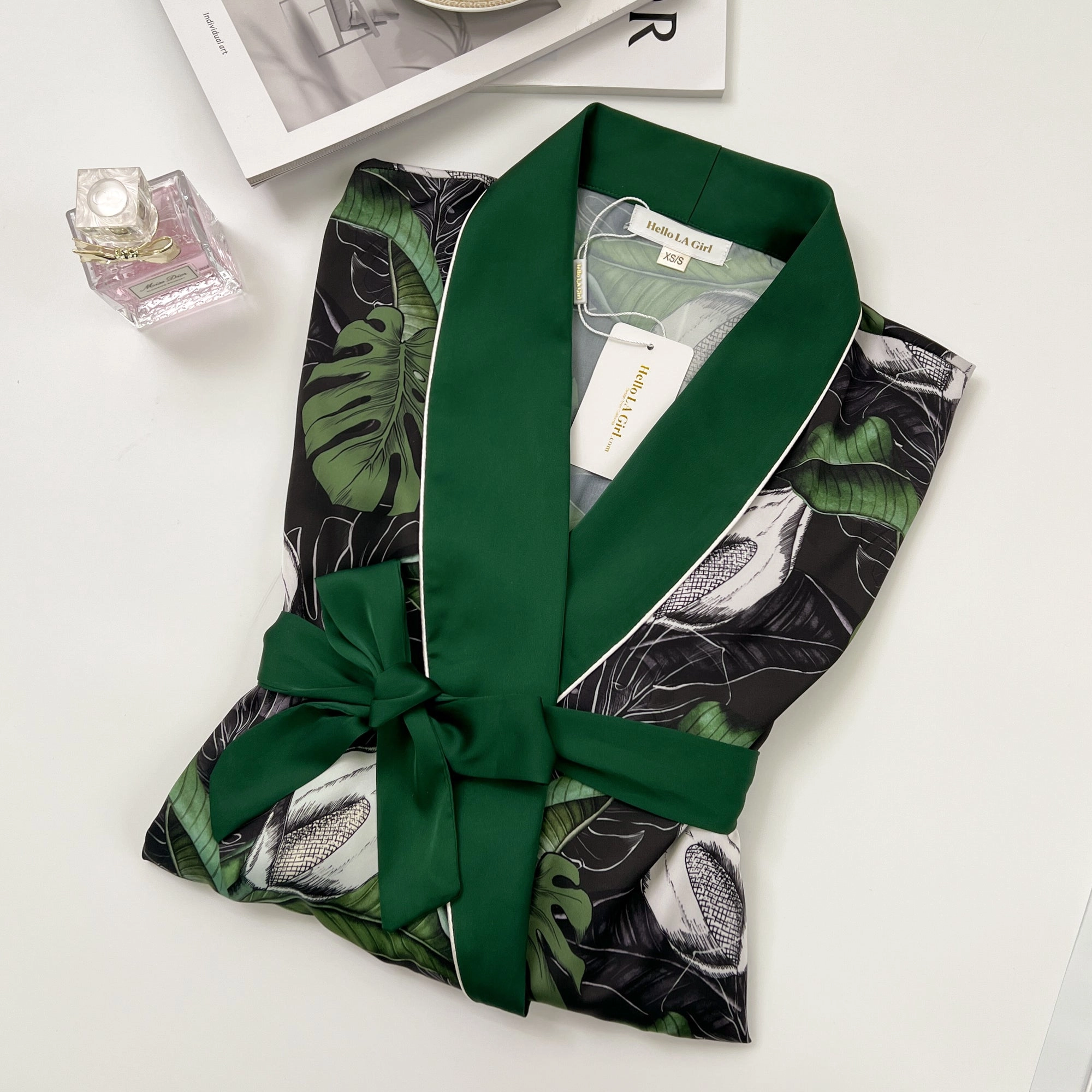 Tropical Print Green Silky Satin Robe With Belt
