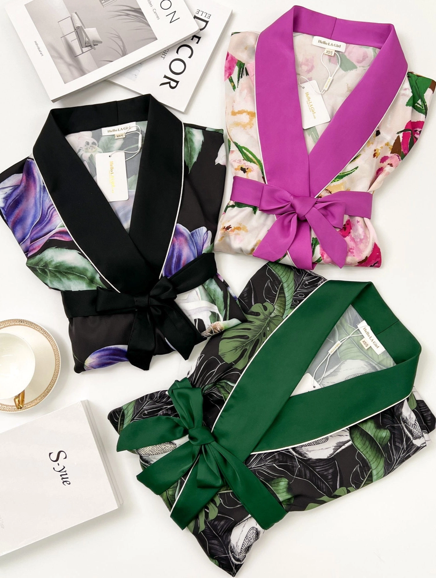 Tropical Print Green Silky Satin Robe With Belt