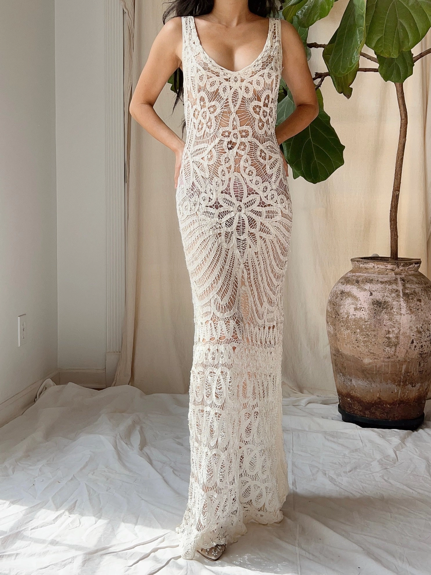 Vintage Crochet Battenburg Dress - M