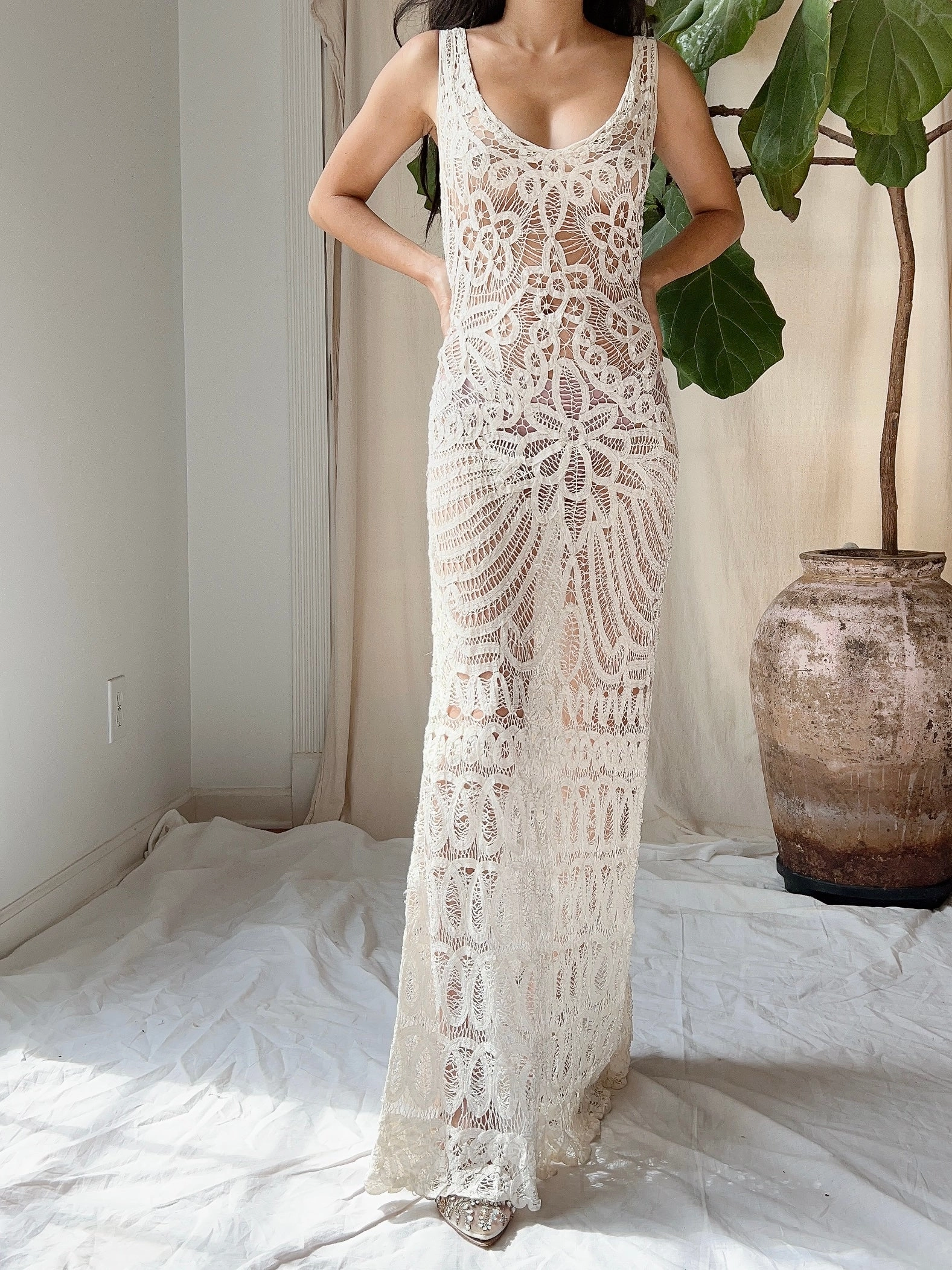 Vintage Crochet Battenburg Dress - M