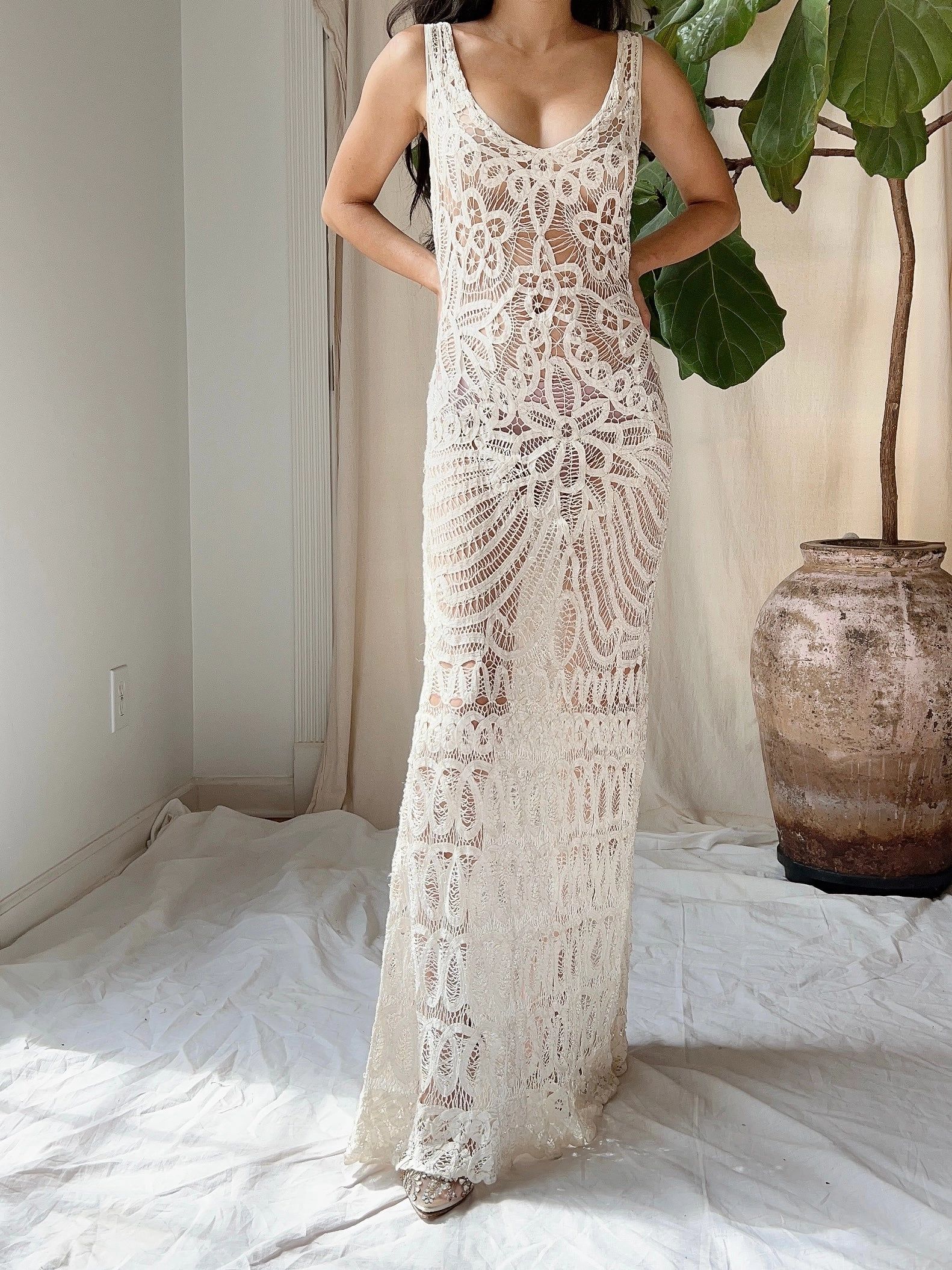 Vintage Crochet Battenburg Dress - M