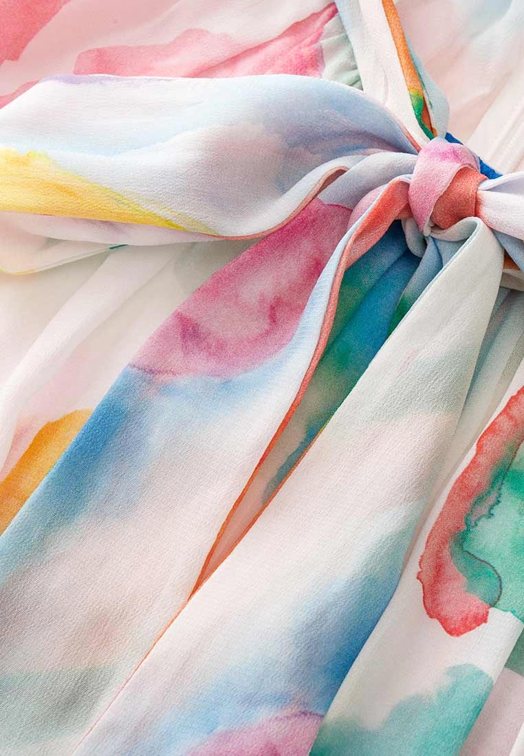 Watercolor Stroke Pussy Bow Collar Dress