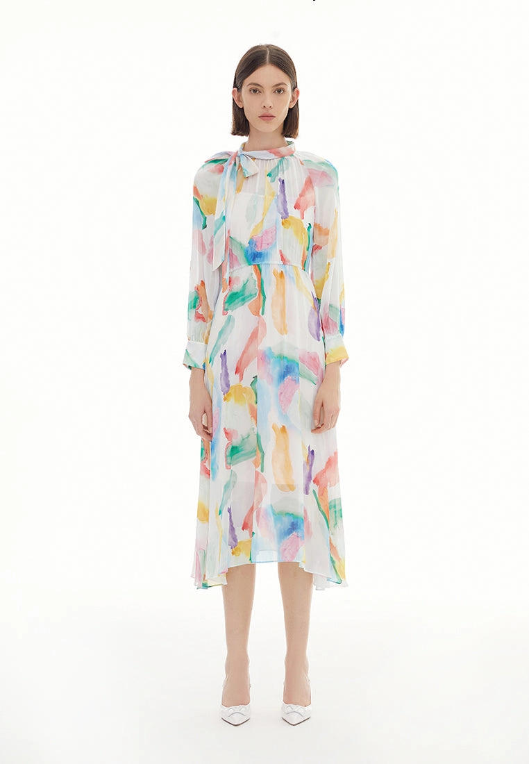 Watercolor Stroke Pussy Bow Collar Dress
